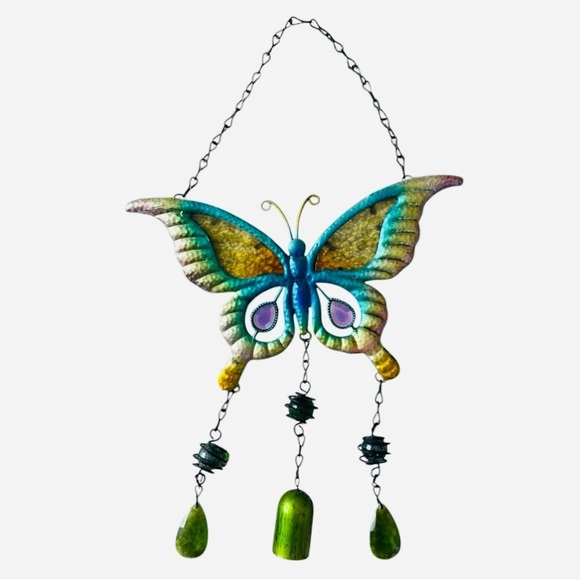 Colorful Butterfly Wind Chime Outdoor Stained Glass Rhinestone Metal Chime Decor - Picture 2 of 3